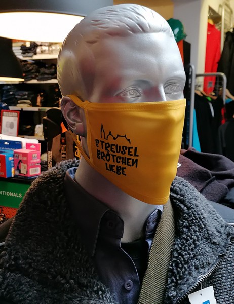 Behelfsmaske "Streuselbrötchenliebe gelb" mit Gummizug