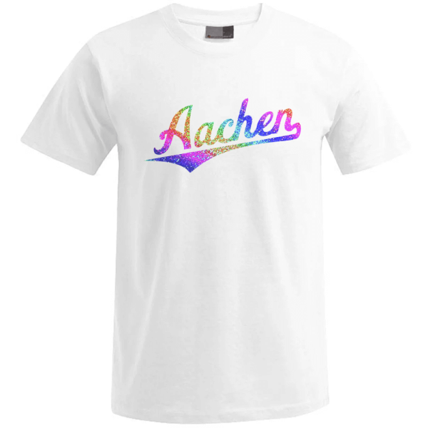 Aachen Unisex T-Shirt, Farbe weiß, Regenbogen Schriftzug