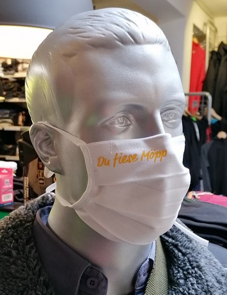 Behelfsmaske "Du fiese Möpp" Farbe weiß mit Bindeband