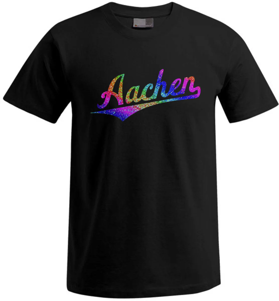 Aachen Unisex T-Shirt, Farbe schwarz, Regenbogen Schriftzug