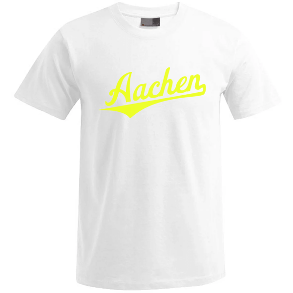 Aachen Unisex T-Shirt, Farbe weiß, Schriftzug neon gelb