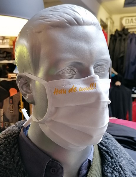 Behelfsmaske "Hau de mull" Farbe weiß mit Bindeband