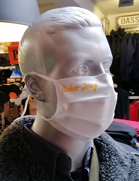 Behelfsmaske "Öcher Jong" Farbe weiß mit Bindeband