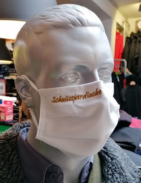 Weiße Behelfsmaske mit Stick "Schnüssjardinche" | mit Gummiband & Nasensteg | BW