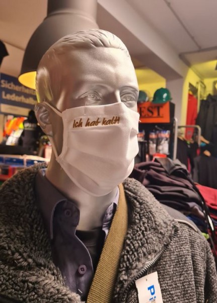 Weiße Behelfsmaske mit Stick "Ich hab kalt!" | mit Gummiband & Nasensteg | BW