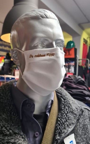Weiße Behelfsmaske mit Stick "Du schönne Fiffi" | mit Gummiband & Nasensteg | BW