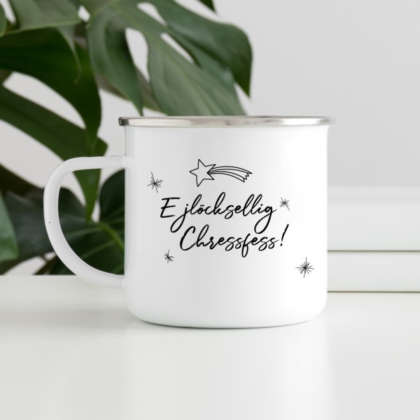Emailletasse "E jlöcksellig Chressfess"