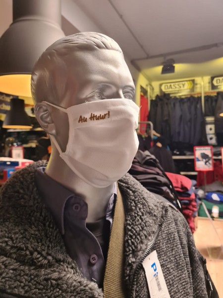 Weiße Behelfsmaske mit Stick "Au Huur!" | mit Gummiband & Nasensteg | BW